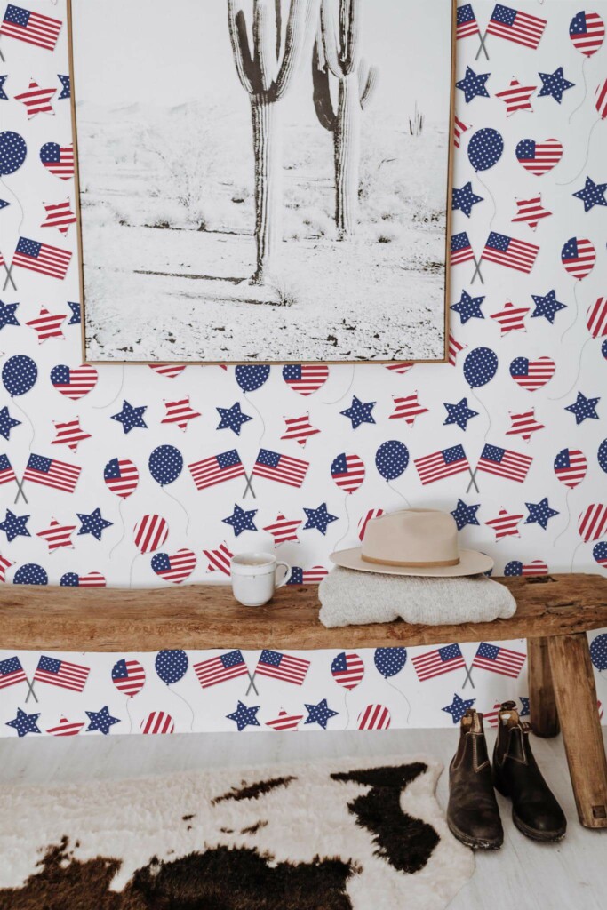 Scandinavian style entryway decorated with Independence day symbols peel and stick wallpaper