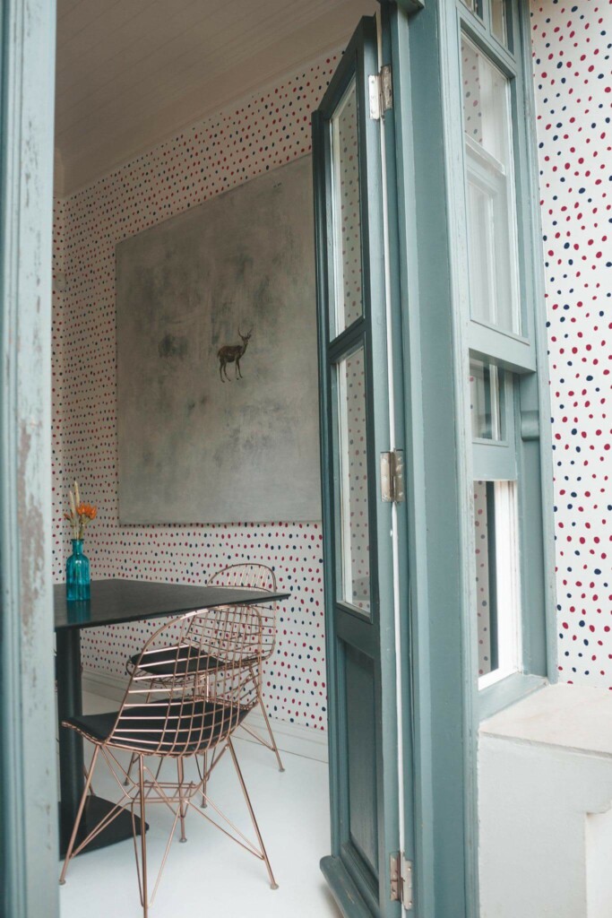 Minimal coastal style cafe decorated with Independence dots peel and stick wallpaper