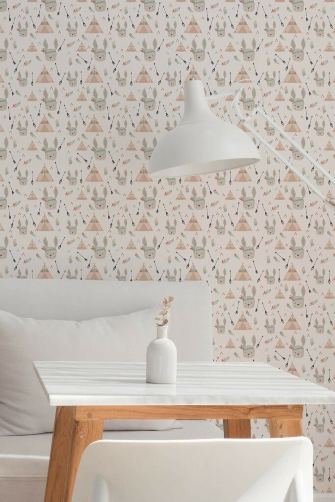 Minimal style dining room decorated with Indian rabbit peel and stick wallpaper