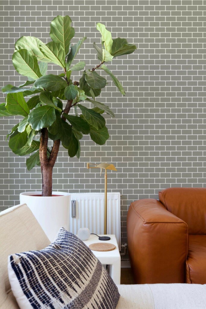 Mid-century style living room decorated with Industrial Brick peel and stick wallpaper