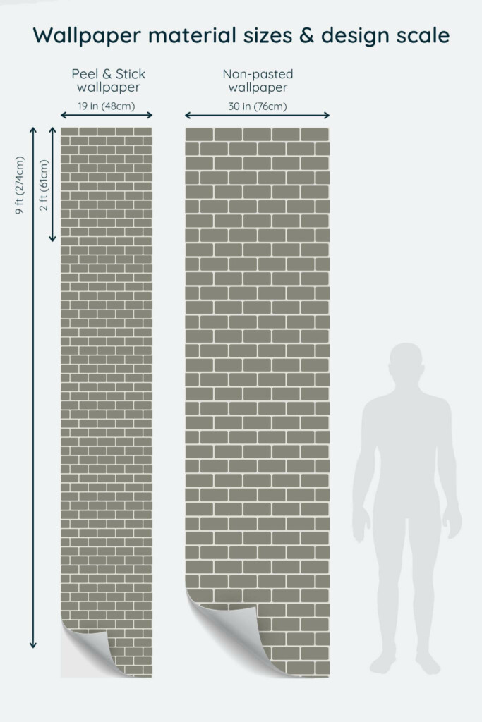 Size comparison of Industrial brick Peel & Stick and Non-pasted wallpapers with design scale relative to human figure