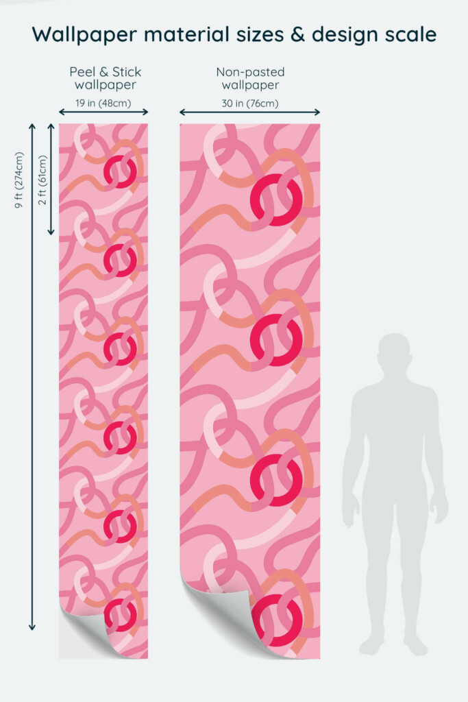 Size comparison of Intertwined knots Peel & Stick and Non-pasted wallpapers with design scale relative to human figure