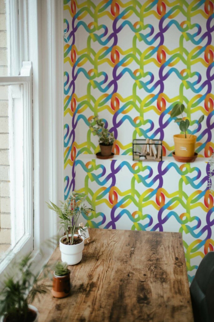 Farmhouse style home office decorated with Intertwined rainbow peel and stick wallpaper