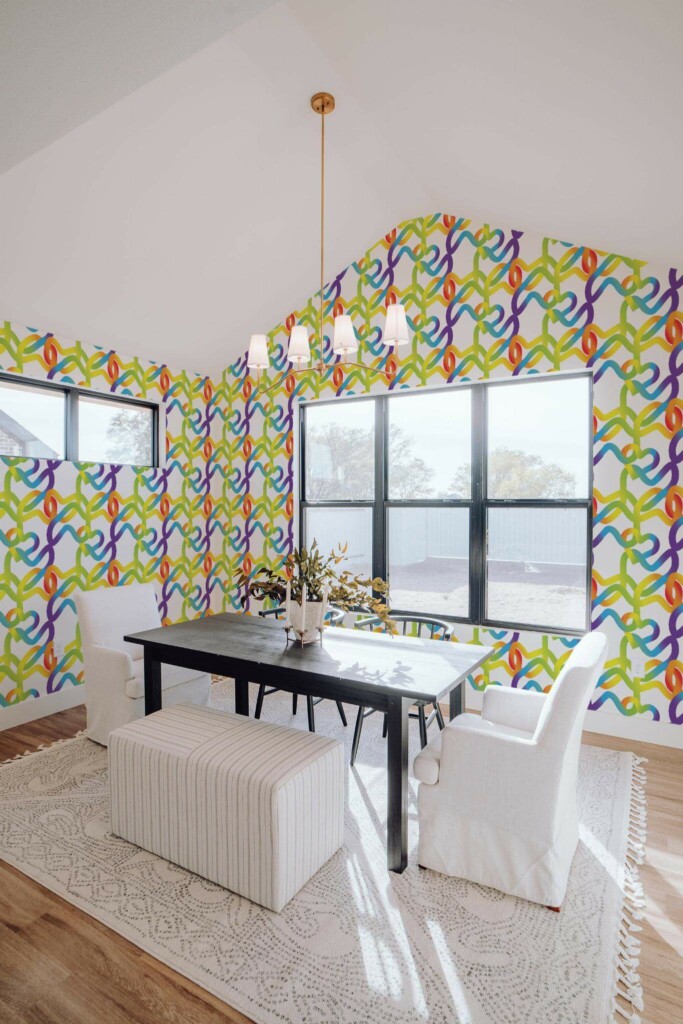 Elegant minimal style dining room decorated with Intertwined rainbow peel and stick wallpaper