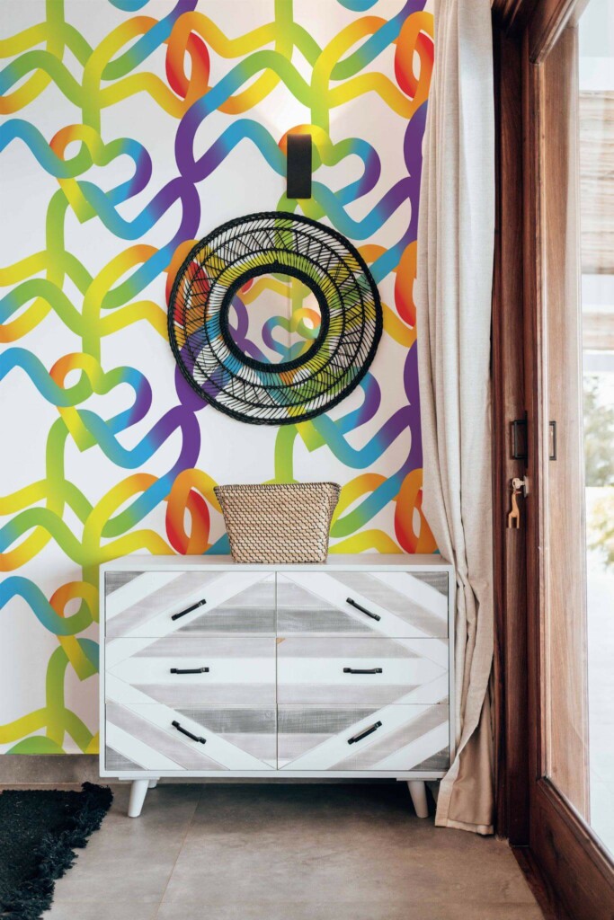 Modern farmhouse style living room decorated with Intertwined rainbow peel and stick wallpaper