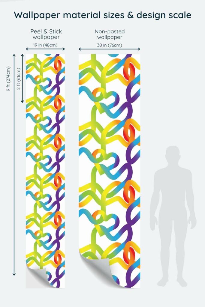 Size comparison of Intertwined rainbow Peel & Stick and Non-pasted wallpapers with design scale relative to human figure