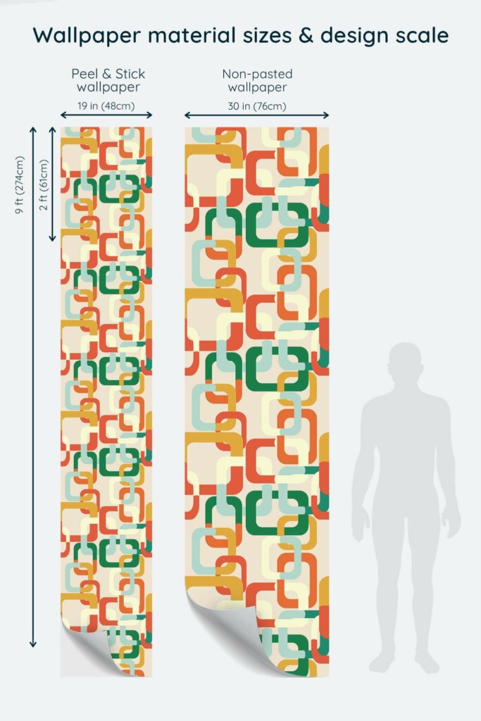 Size comparison of Intertwined retro Peel & Stick and Non-pasted wallpapers with design scale relative to human figure
