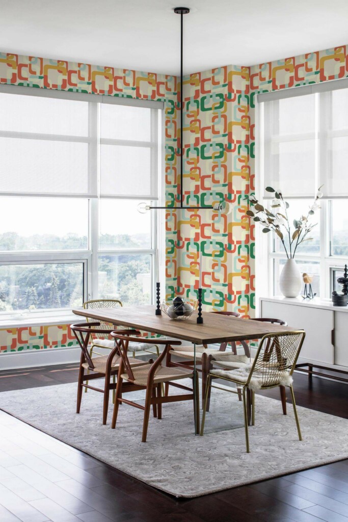 Modern minimalist style dining room decorated with Interwined retro peel and stick wallpaper