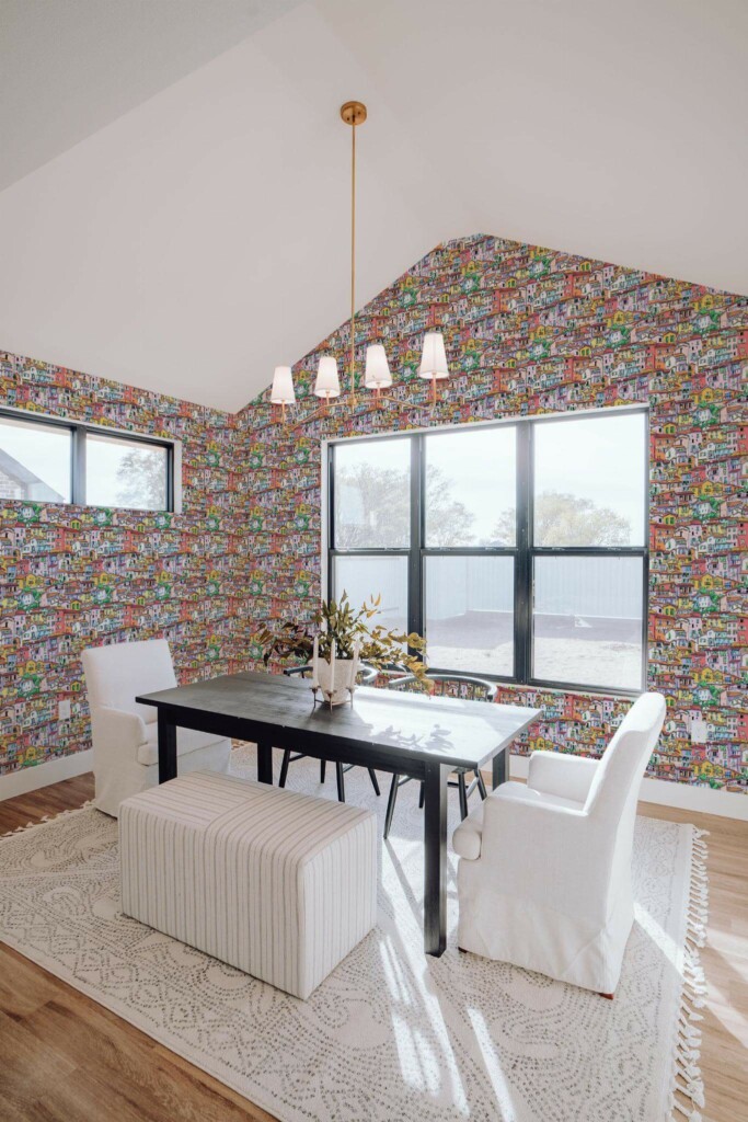 Elegant minimal style dining room decorated with Italy peel and stick wallpaper