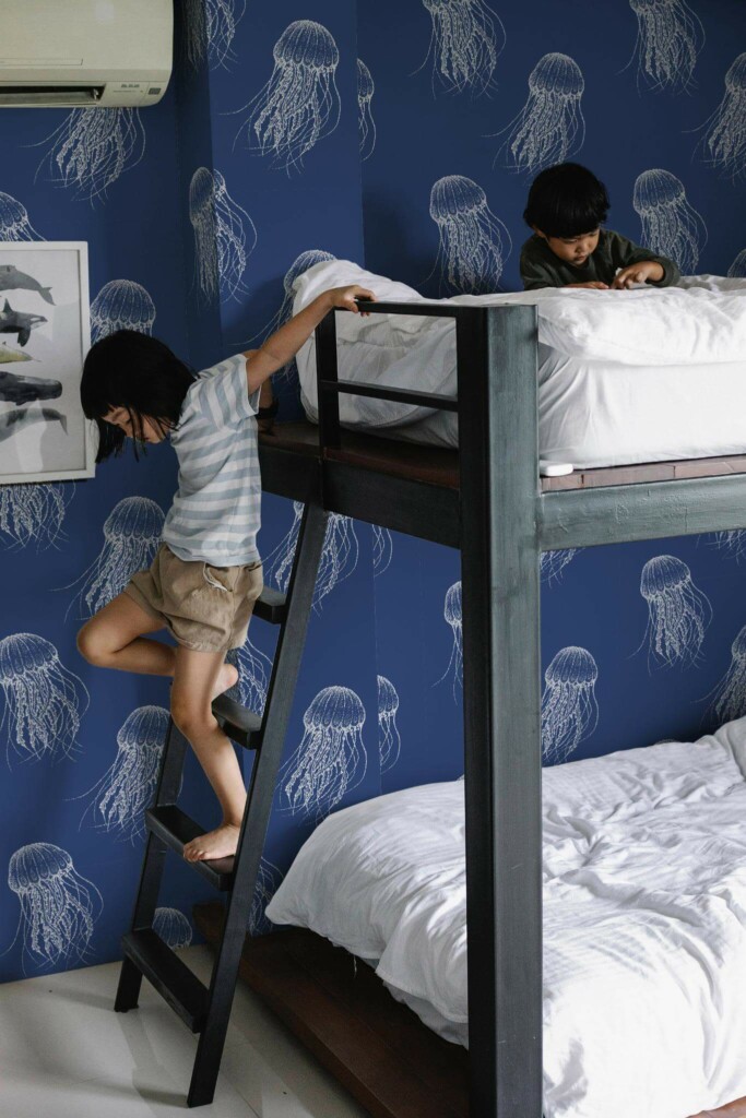 Minimalistic style kids room decorated with Jellyfish peel and stick wallpaper