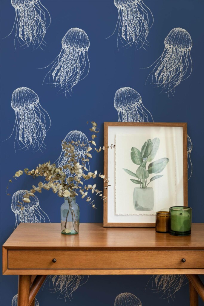 Mid-century modern style living room decorated with Jellyfish peel and stick wallpaper
