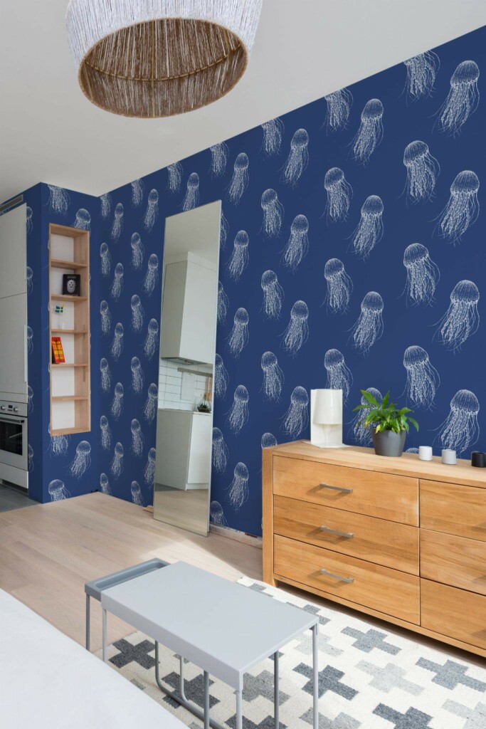 Scandinavian style small apartment decorated with Jellyfish peel and stick wallpaper