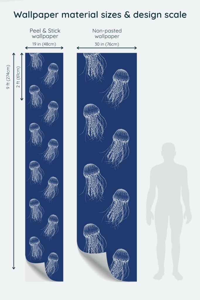 Size comparison of Jellyfish Peel & Stick and Non-pasted wallpapers with design scale relative to human figure