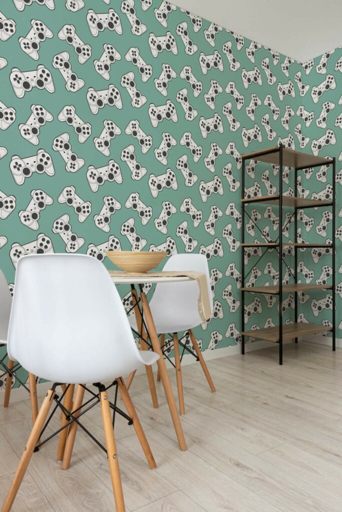 Minimalist style dining room decorated with Joystick peel and stick wallpaper