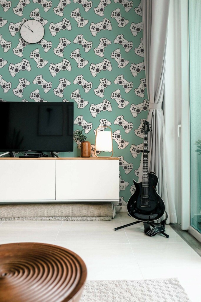 Scandinavian style music room decorated with Joystick peel and stick wallpaper