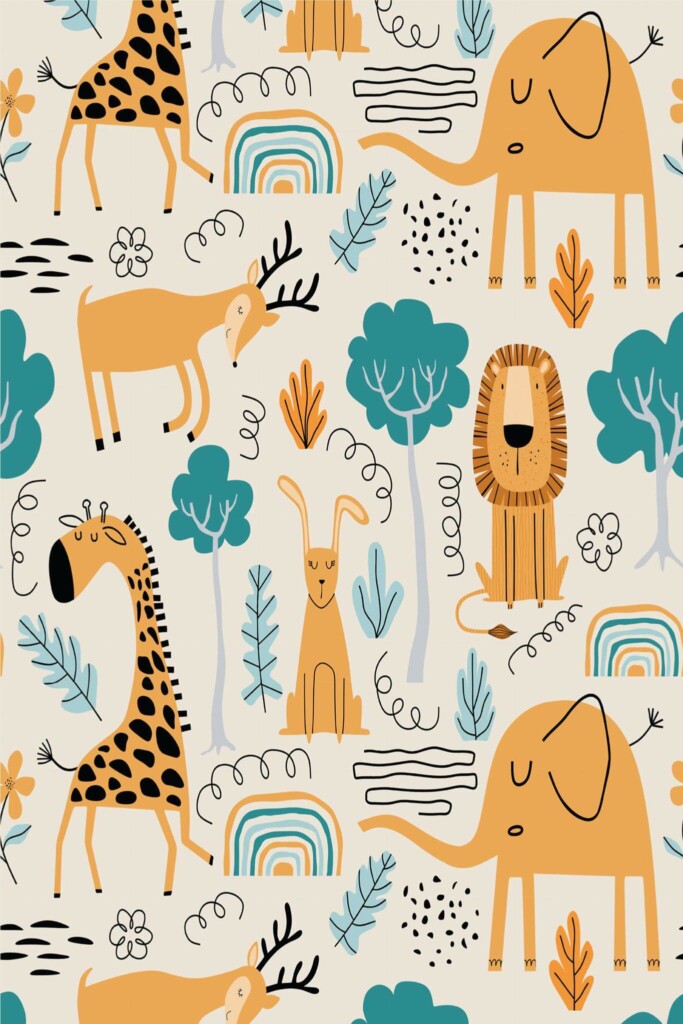 Pattern repeat of Jungle animal removable wallpaper design