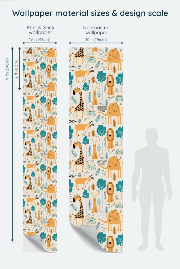 Size comparison of Jungle animal Peel & Stick and Non-pasted wallpapers with design scale relative to human figure
