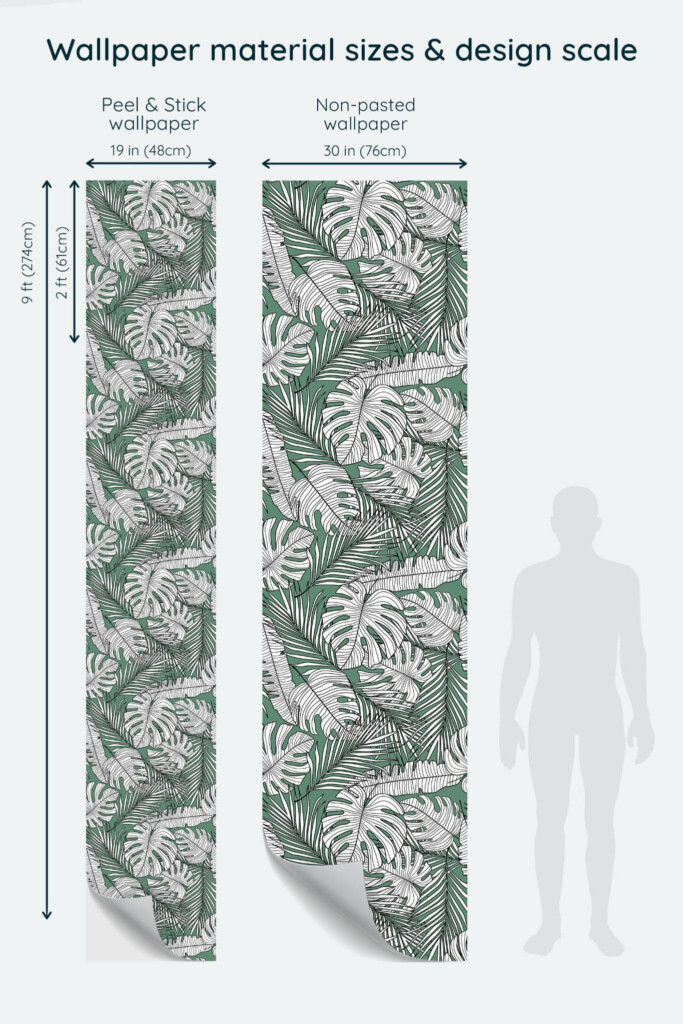 Size comparison of Jungle leaf Peel & Stick and Non-pasted wallpapers with design scale relative to human figure