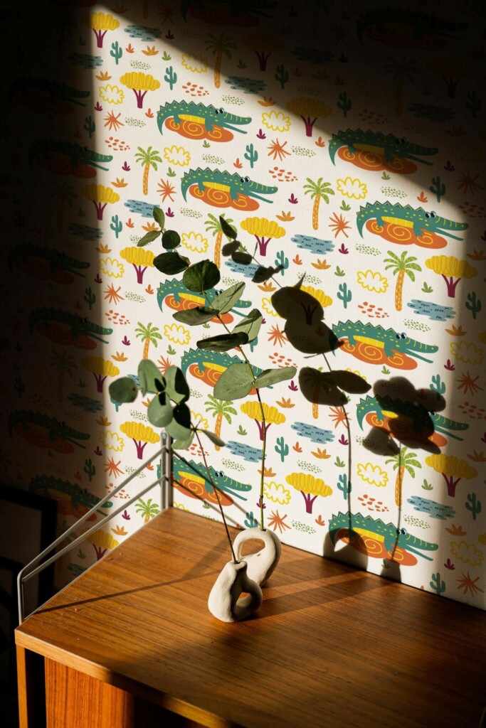 Mid-century style living room decorated with Jungle nursery peel and stick wallpaper