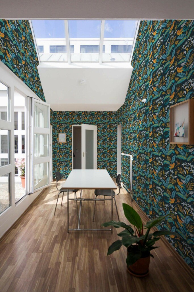 Minimal style dining room next to a balcony decorated with Jungle peel and stick wallpaper