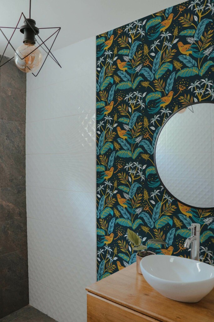 Modern style bathroom decorated with Jungle peel and stick wallpaper