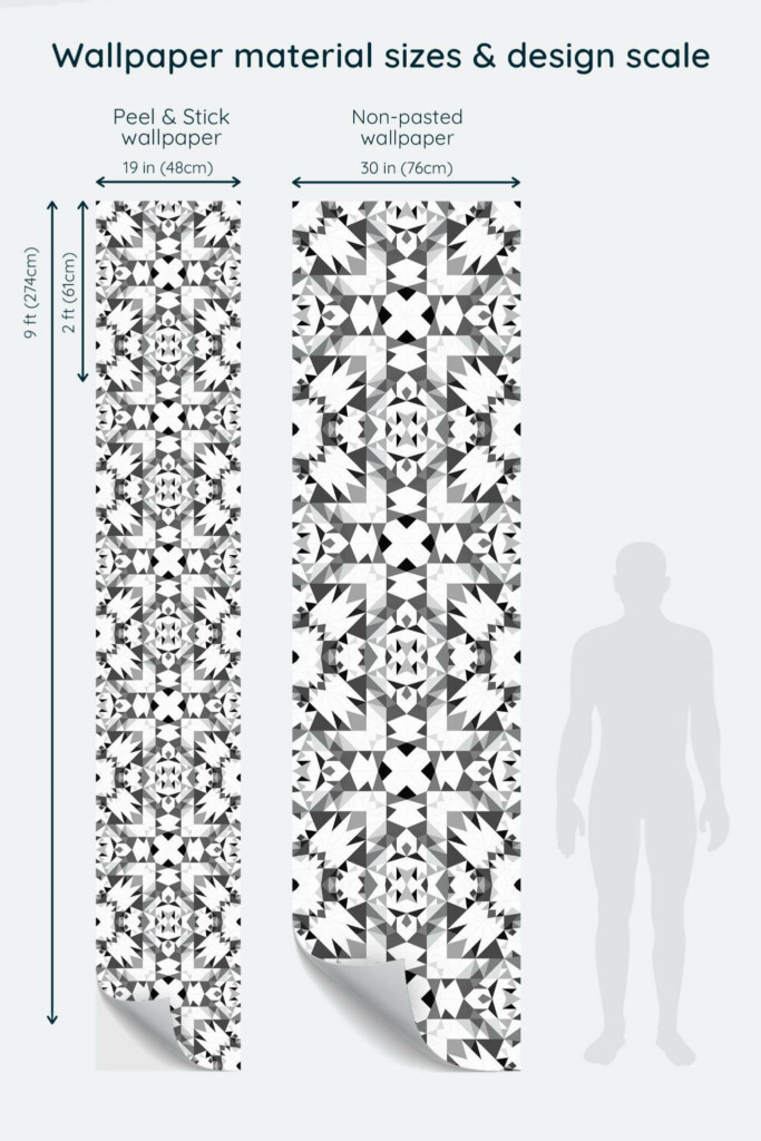 Size comparison of Kaleidoscope Peel & Stick and Non-pasted wallpapers with design scale relative to human figure