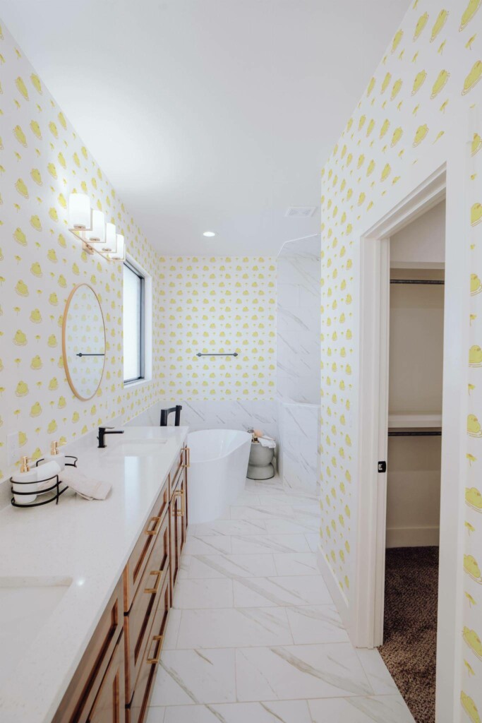 Light farmhouse style bathroom decorated with Kawaii ducks peel and stick wallpaper