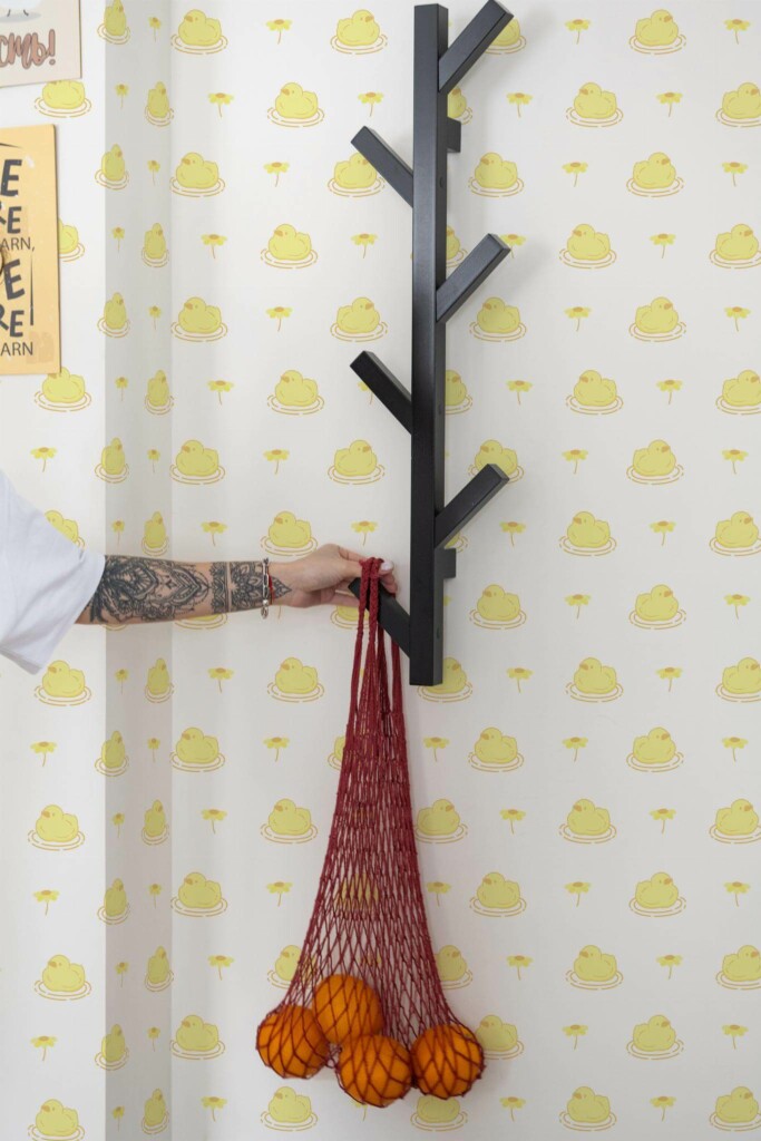 Scandinavian style kitchen decorated with Kawaii ducks peel and stick wallpaper