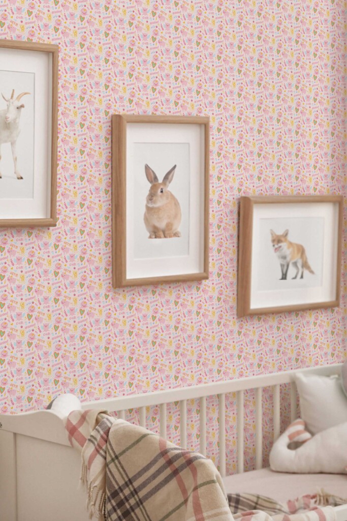 Fancy Walls Pink Animal peel and stick wallpaper for nursery walls.