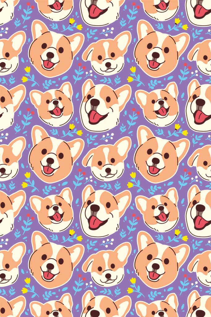 Fancy Walls Purple Dog wallpaper for Kids room walls in Cute Kawaii style traditional wallpaper.