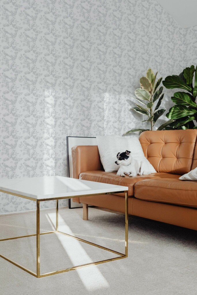 Mid-century modern style living room with dog on a sofa decorated with Kelly Clarkson peel and stick wallpaper