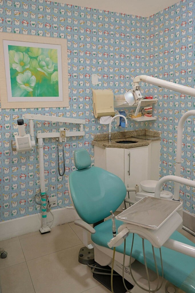 Vintage style dentist office decorated with Kids dentist salon peel and stick wallpaper