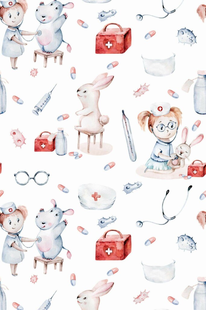 Pattern repeat of Kids doctor removable wallpaper design