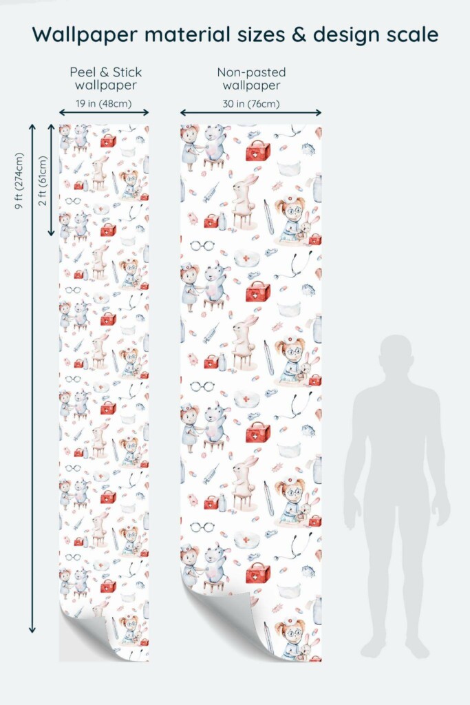 Size comparison of Kids doctor Peel & Stick and Non-pasted wallpapers with design scale relative to human figure
