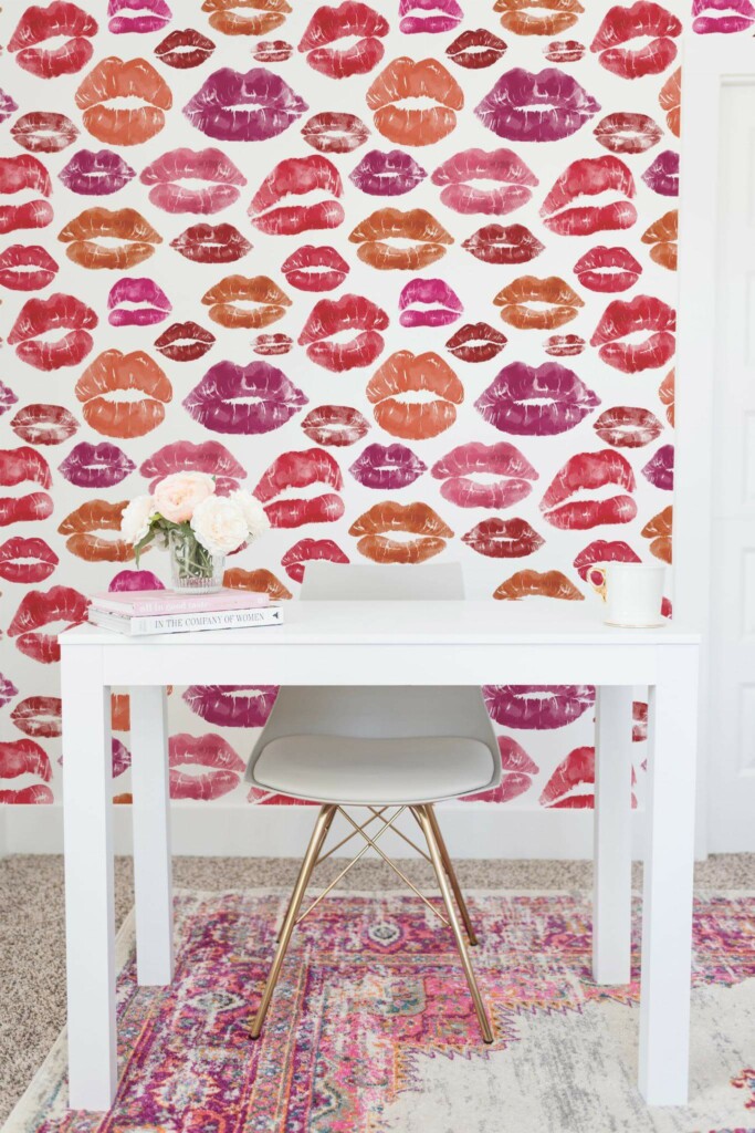 Shabby chic style home office decorated with Kiss peel and stick wallpaper