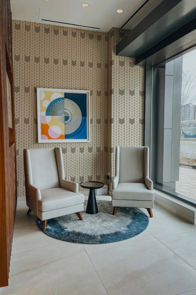 Mid-century-modern style living room decorated with Knitted wool peel and stick wallpaper