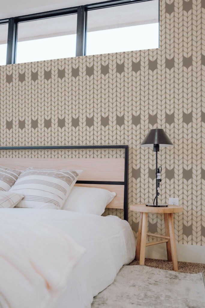 Scandinavian style bedroom decorated with Knitted wool peel and stick wallpaper