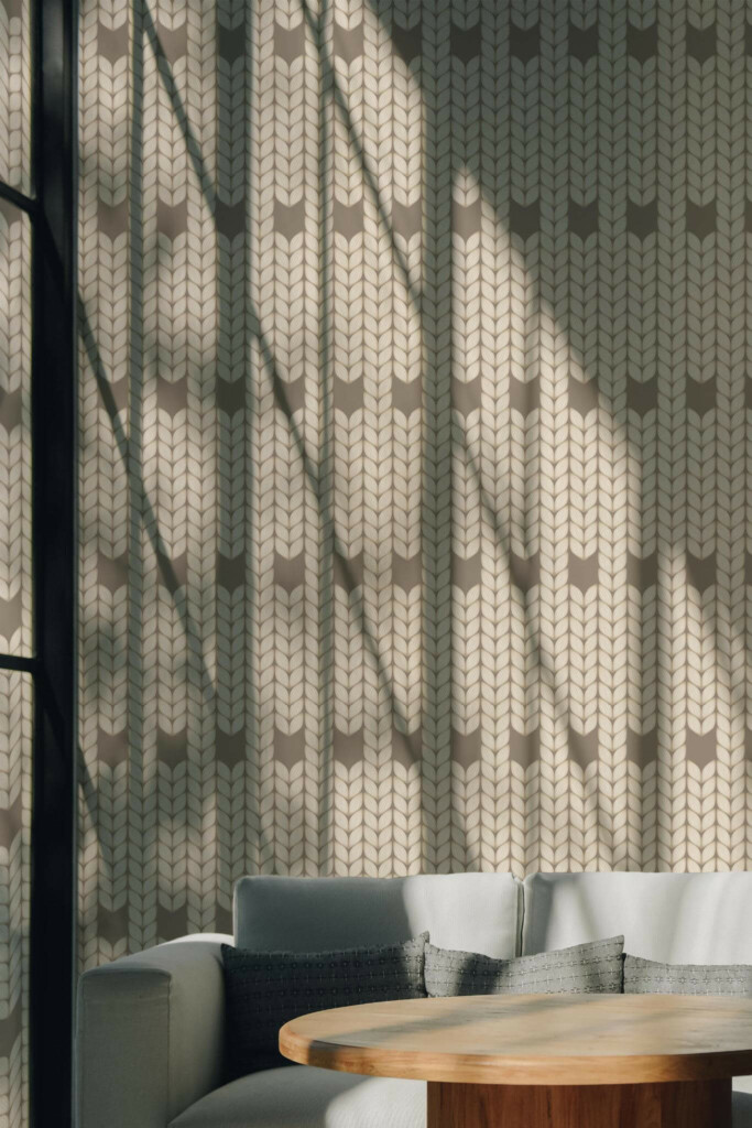 Scandinavian style living room decorated with Knitted wool peel and stick wallpaper