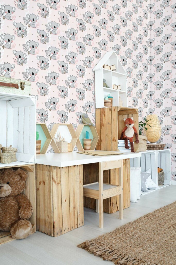 Farmhouse style kids room decorated with Koala peel and stick wallpaper