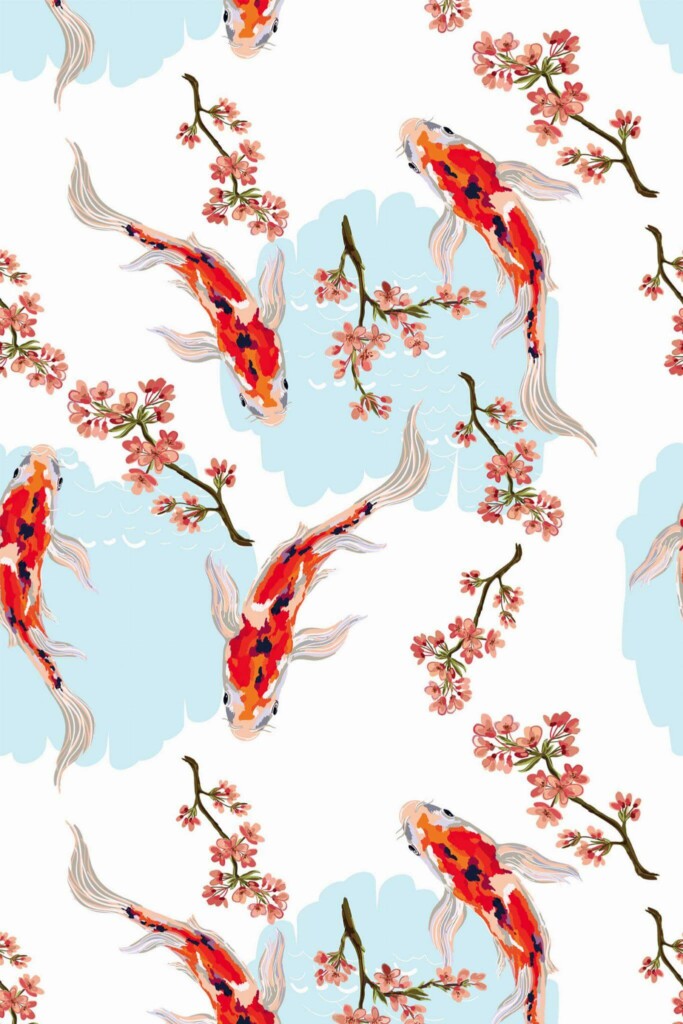 Pattern repeat of Koi fish chinoiserie removable wallpaper design