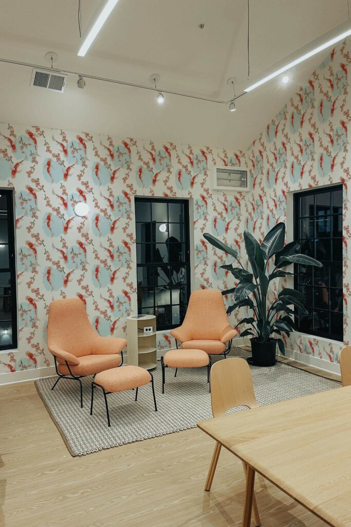 Minimal style living room decorated with Koi fish chinoiserie peel and stick wallpaper and mid-century style chairs