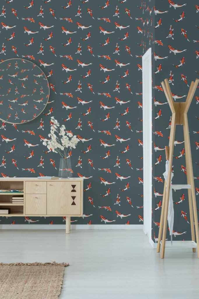 Minimal style entryway decorated with Koi fish peel and stick wallpaper
