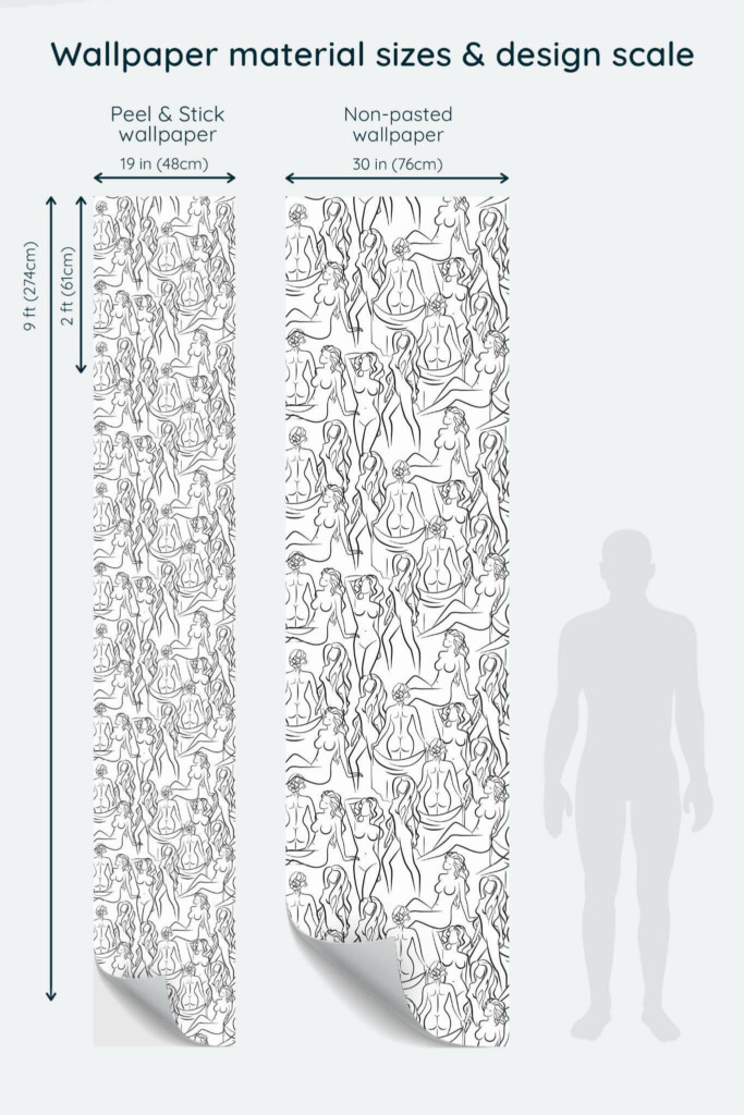 Size comparison of Lady body Peel & Stick and Non-pasted wallpapers with design scale relative to human figure