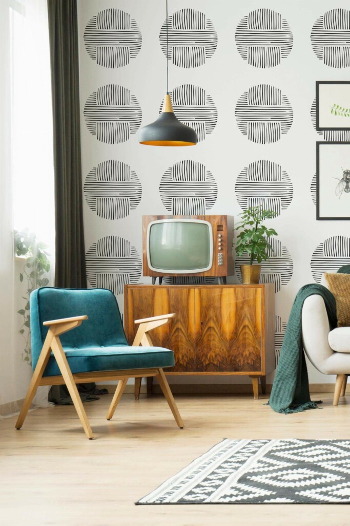 Mid-century-modern style living room decorated with Large abstract circle peel and stick wallpaper