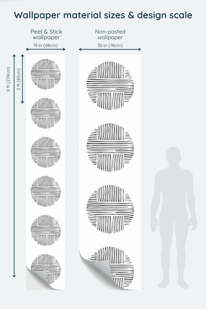Size comparison of Large abstract circle Peel & Stick and Non-pasted wallpapers with design scale relative to human figure