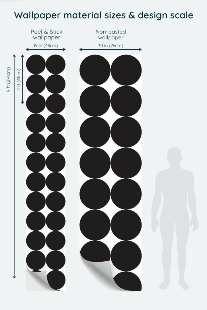 Size comparison of Large dots Peel & Stick and Non-pasted wallpapers with design scale relative to human figure