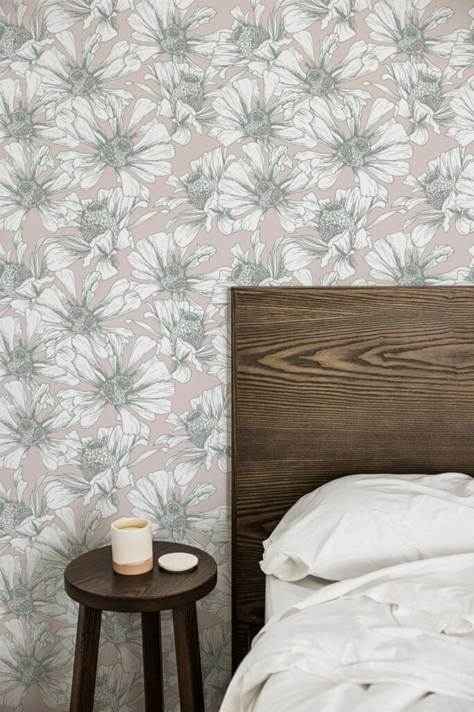 Farmhouse style bedroom decorated with Large floral pattern peel and stick wallpaper
