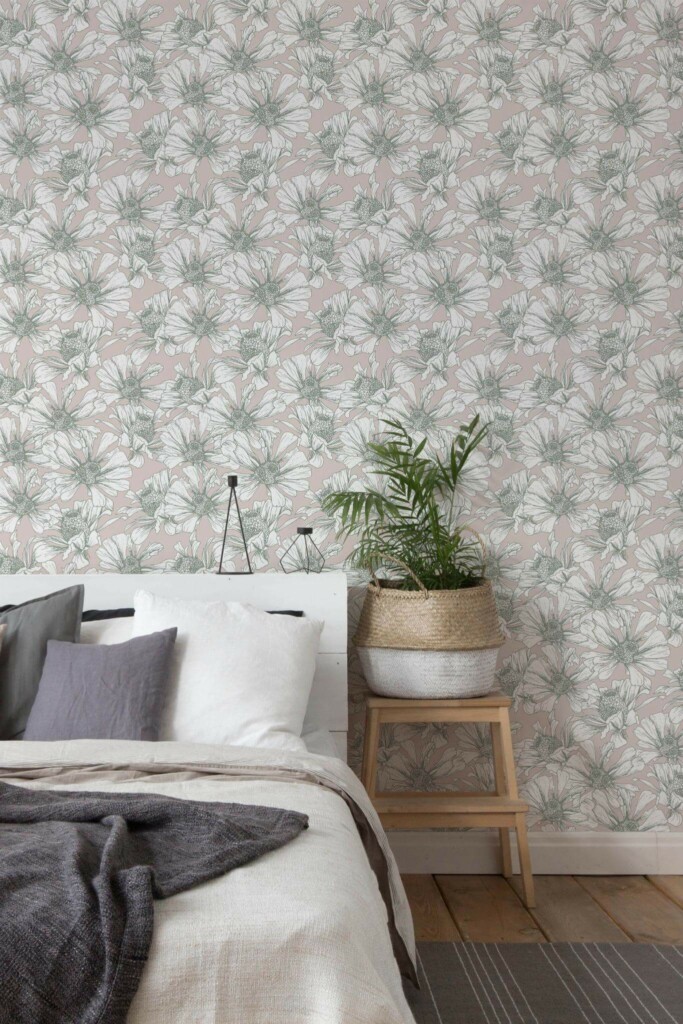 Scandinavian style bedroom decorated with Large floral pattern peel and stick wallpaper