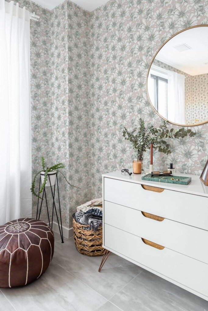 Scandinavian style bedroom decorated with Large floral pattern peel and stick wallpaper and Mediterranean accents