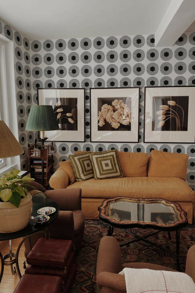 Mid-century eclectic style living room decorated with Large geometric circle peel and stick wallpaper